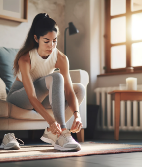 DALL·E 2024-01-20 21.15.40 - A woman sitting on the floor inside a room, putting on white sports shoes. She is dressed in comfortable athletic wear, indicating she is preparing fo